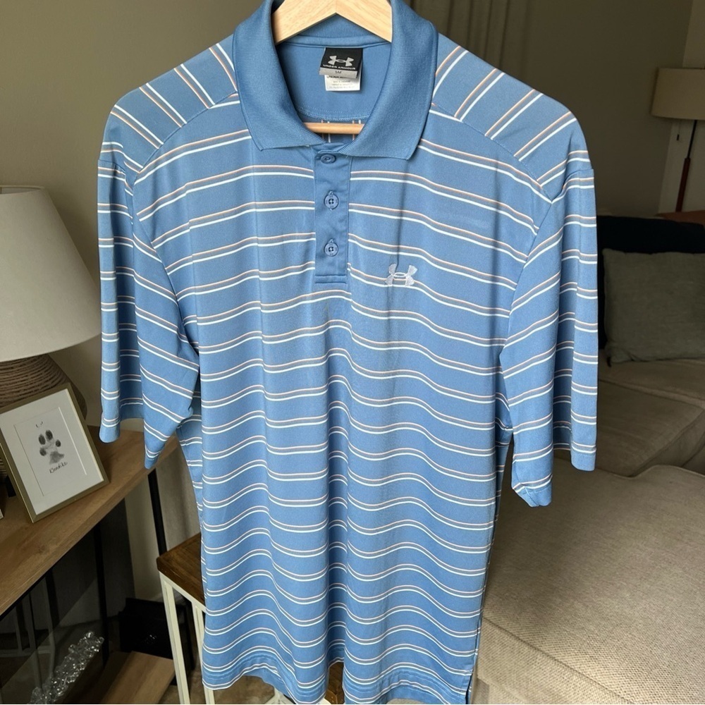 Under Armour Men’s Blue/white/orange Striped Polo Size S
